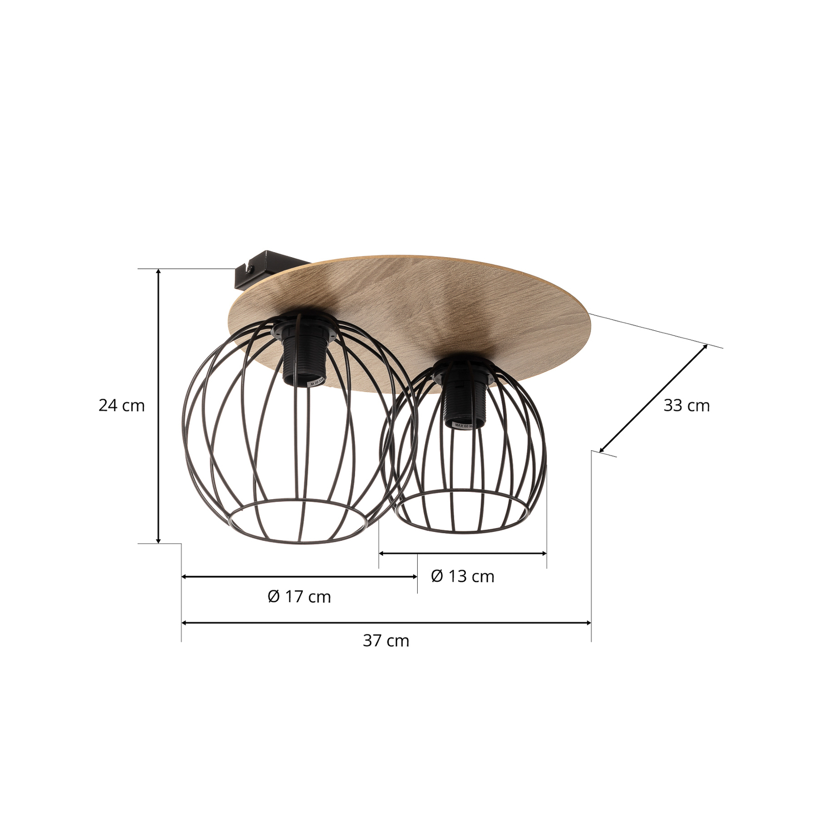 Plafonnier Malin, panneau bois rond, 2 lampes