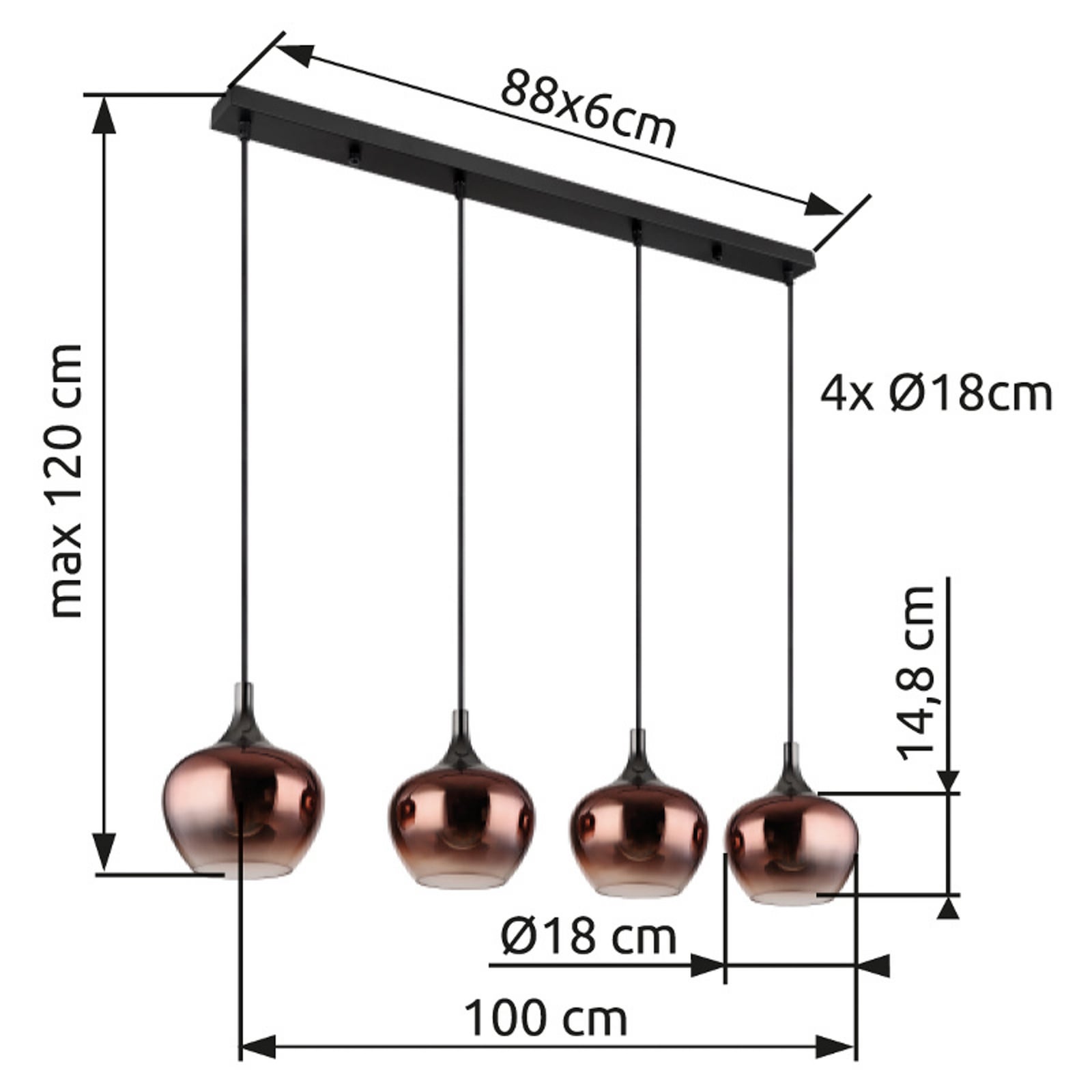 Hängeleuchte Maxy, kupfer/schwarz, Glas, 100 cm lang, E27