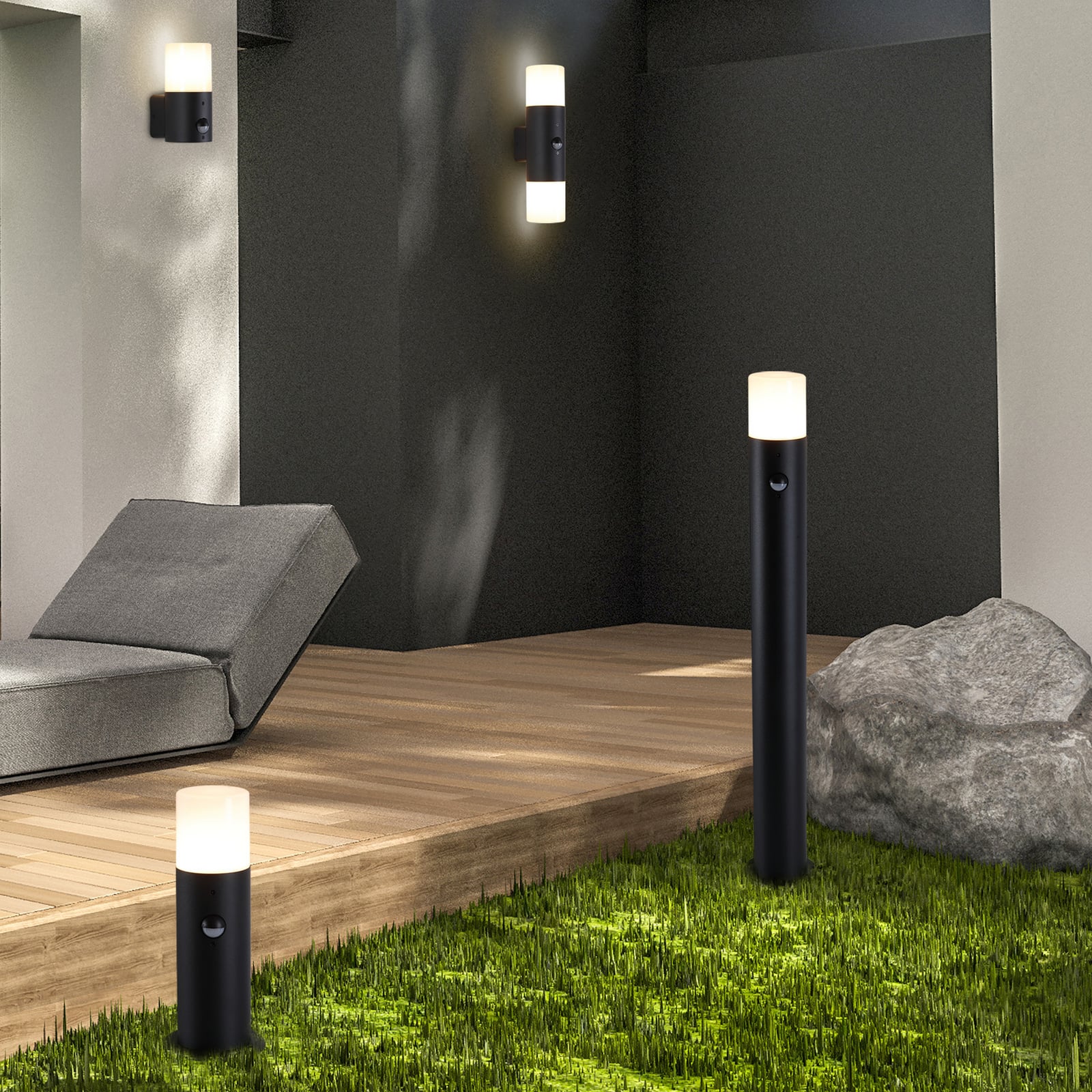 Cannes outdoor wall lamp, height 30 cm, black and white, 2-bulb, sensor