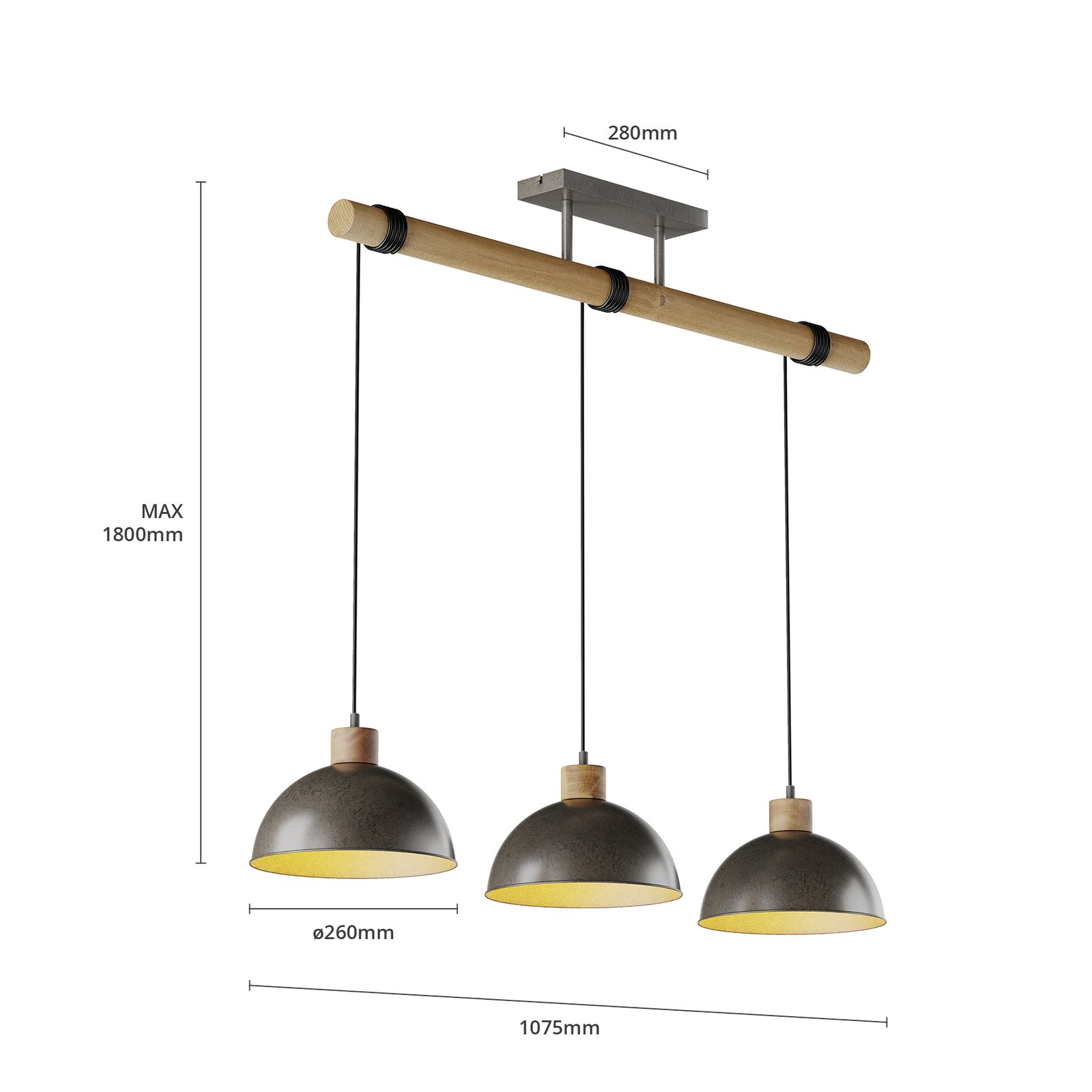 Lindby Holgar hanglamp, hout en metaal, 3-lamps