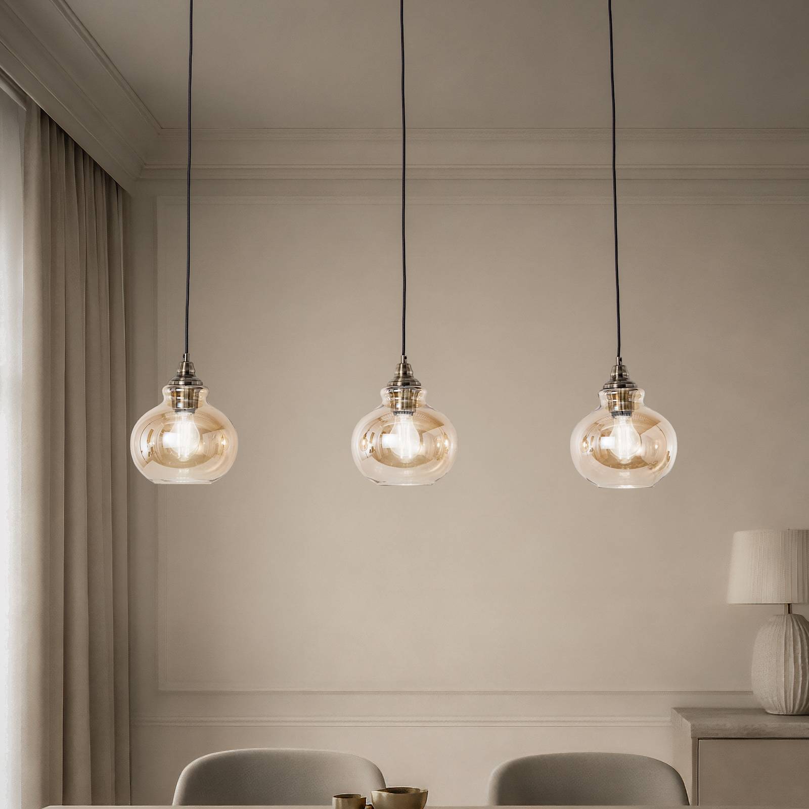 Lindby Pendelleuchte Tymoni, 3-flg., amber, Glas, Ø 20 cm günstig online kaufen