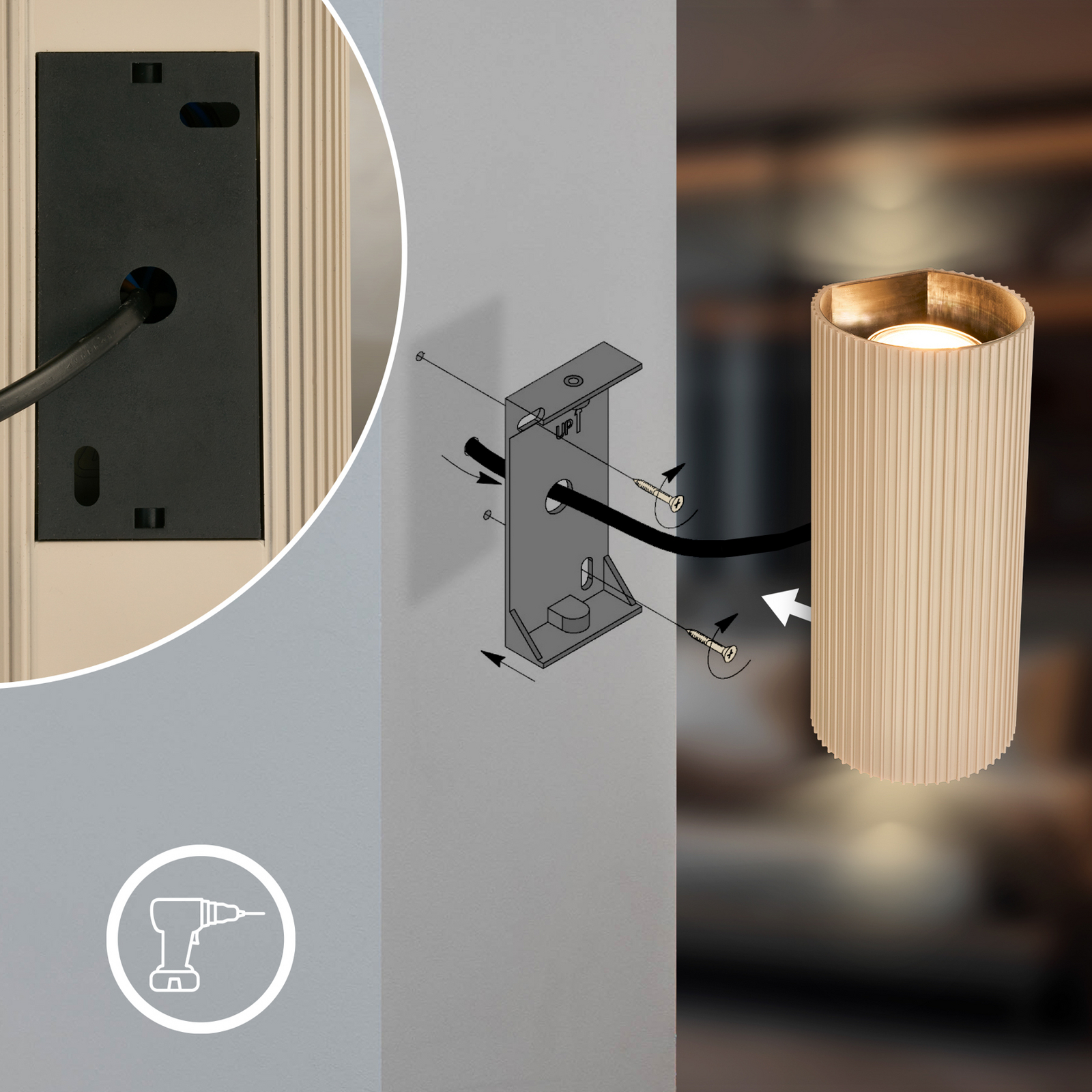 Aplique de pared Ida, beige, plástico, Ø 8,5 cm, GU10