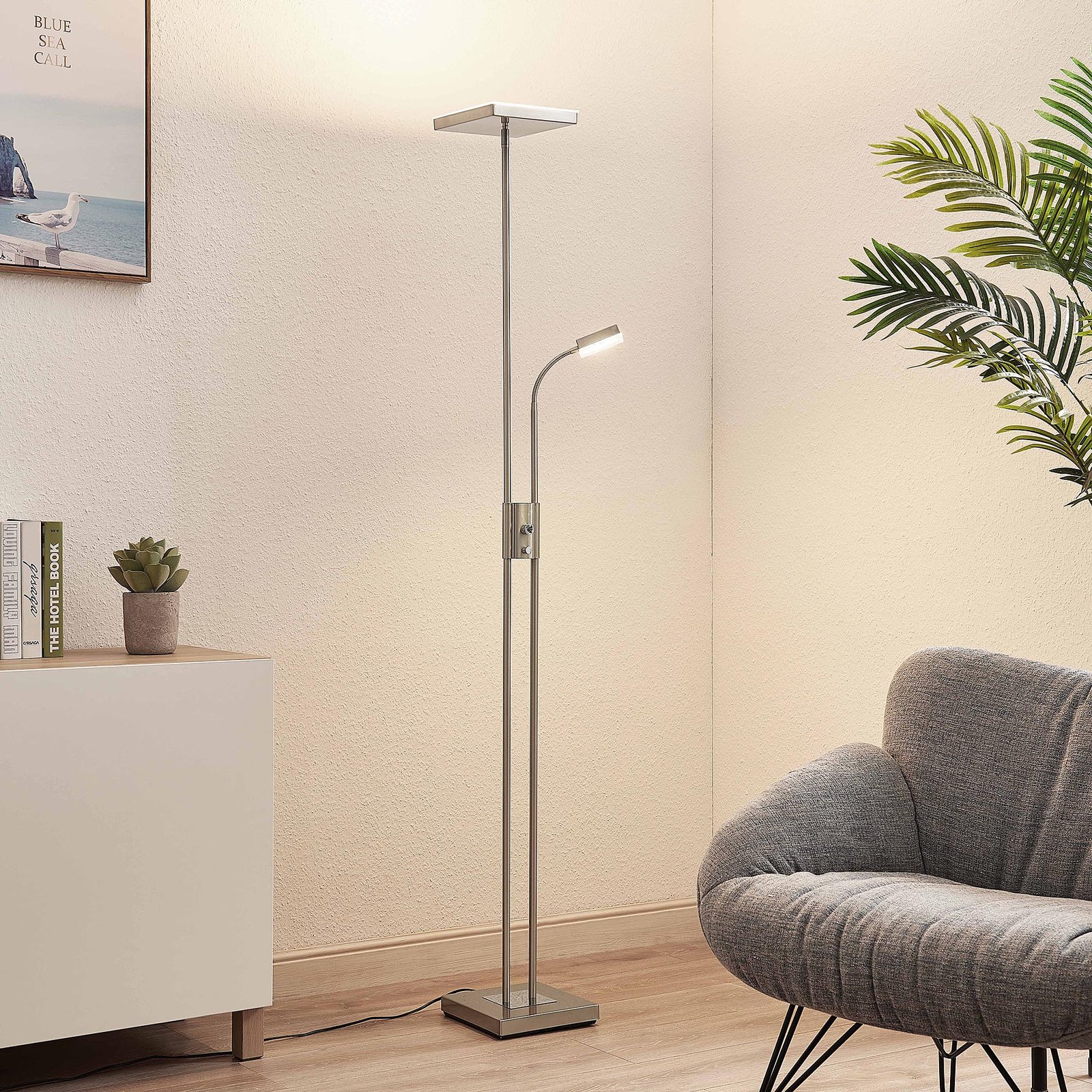Lindby Seppa LED floor lamp, angular, nickel