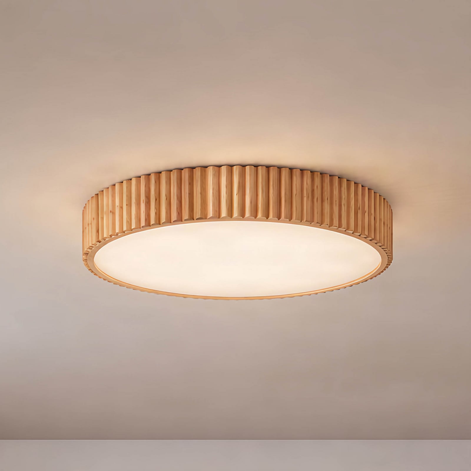 Lindby LED таванска лампа Velua, бяла/светло дърво, CCT, Ø 50 cm
