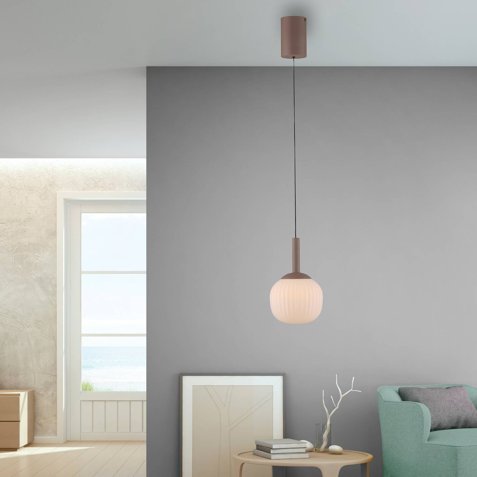 LED-hengelampe Nami, 1-lampe, hvit/sand, glass, jern