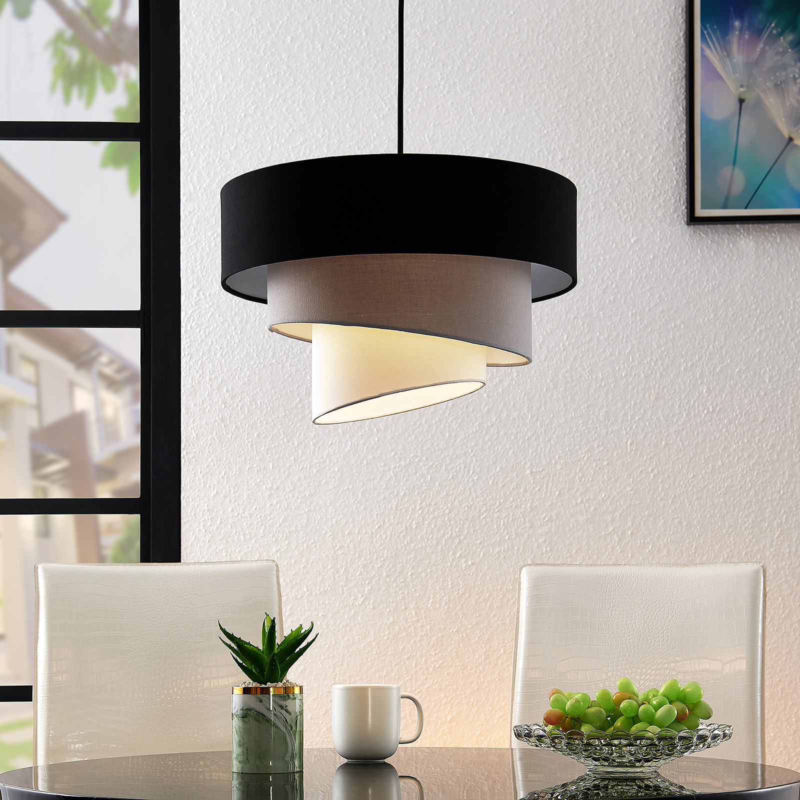 Lindby Coria hanging light, black and grey, for Living / Dining Room, fabric, metal, E27, 60 W, energy efficiency: A++