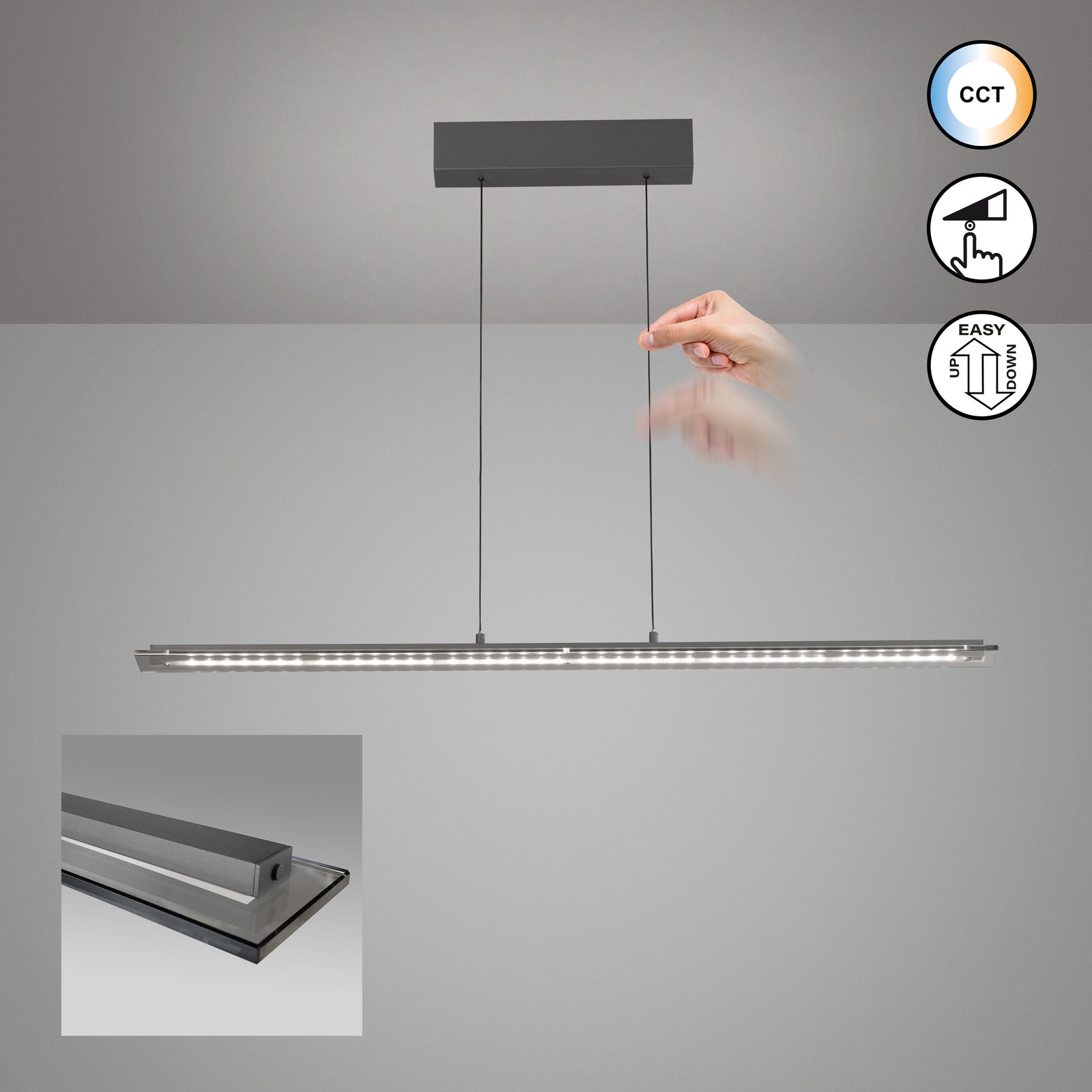 Lampa wisząca LED Torvi, piaskowo-szara/dymno-szara, długość 115 cm, CCT