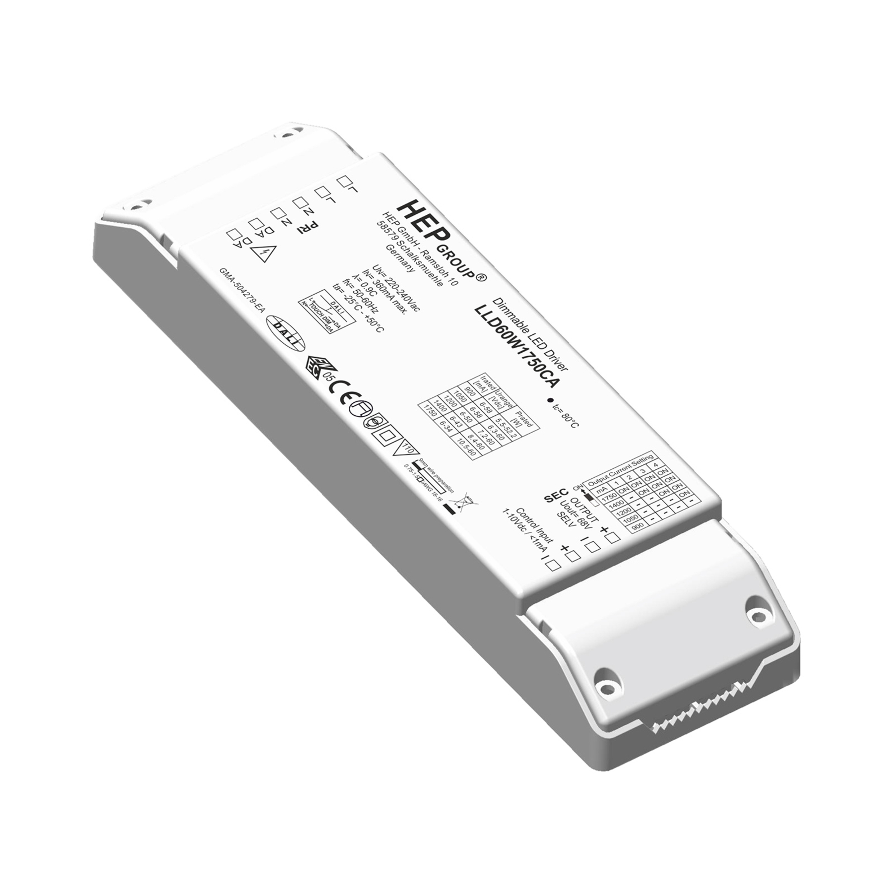 HEP LED driver LLD, 60 W, 1750 mA, dimmable, CC, plastic, L: 20.1 cm, W: 5.8 cm, H: 3 cm