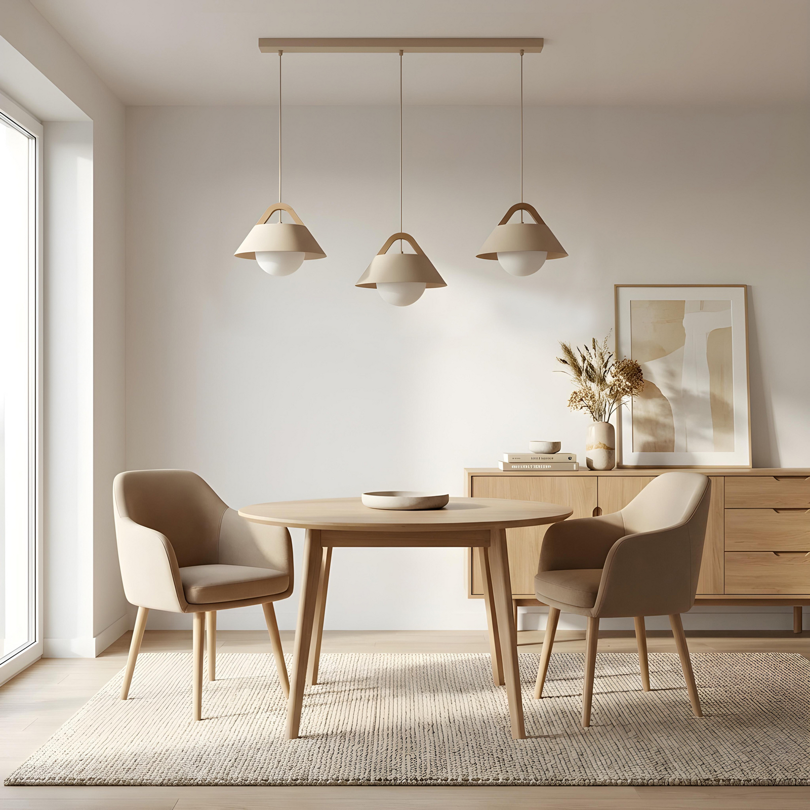 Funda pendant light, beige, length 110 cm, 3-bulb, metal/glass Funda pendant light, beige, length 110 cm, 3-bulb, metal/glass