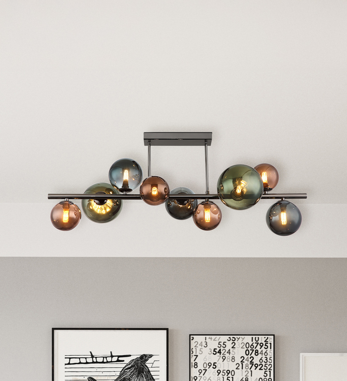 Deckenlampe Riha, Länge 87 cm, Glas/Metall, 9-flg. Deckenlampe Riha, Länge 87 cm, Glas/Metall, 9-flg.