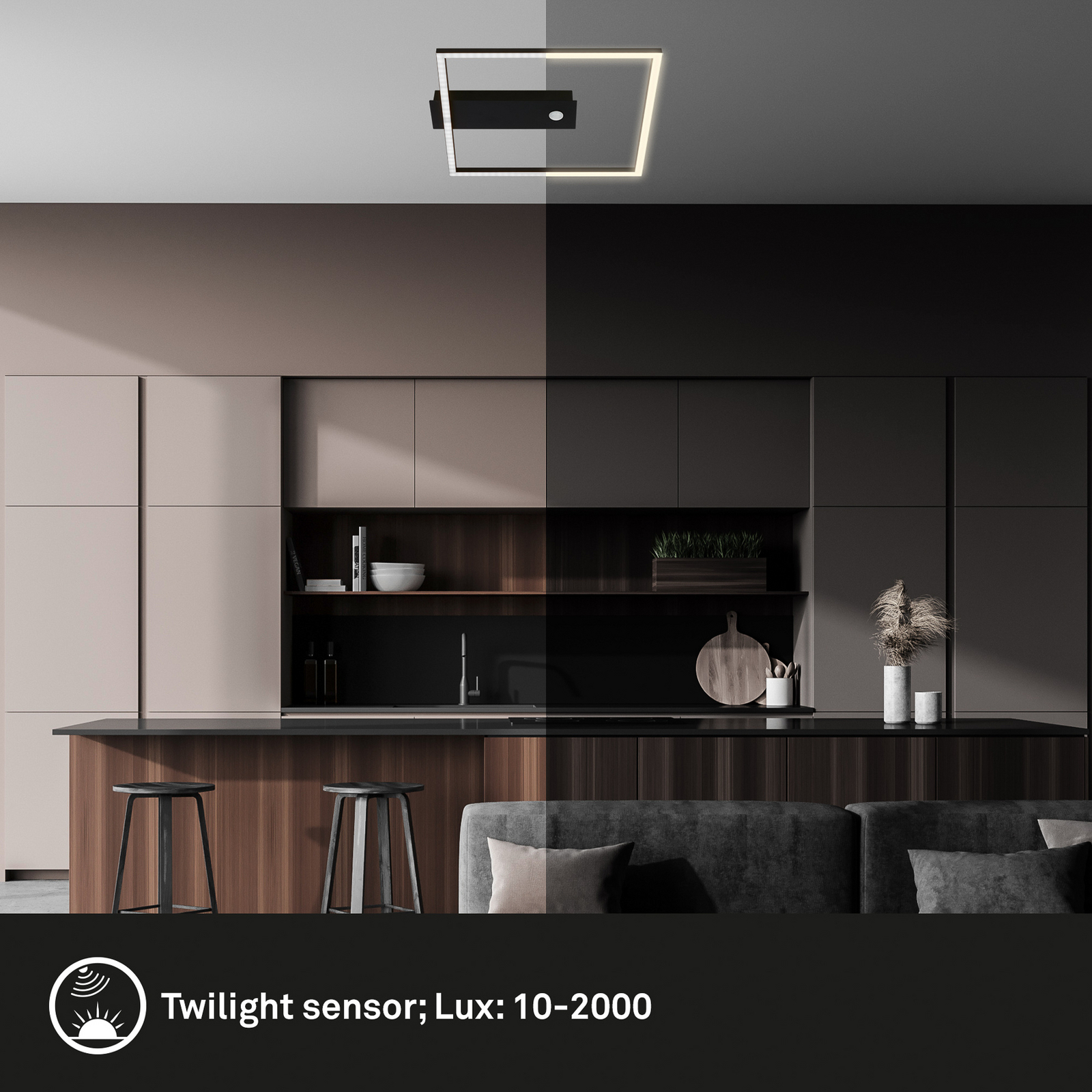 LED-Deckenleuchte Nici, schwarz, eckig, Bewegungsmelder LED-Deckenleuchte Nici, schwarz, eckig, Bewegungsmelder