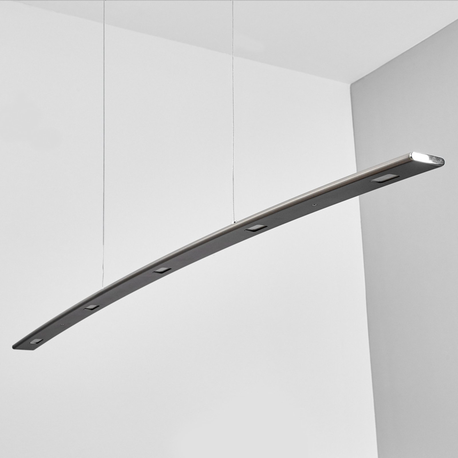 Lucande Gina - curved hanging light with dimmable LEDs, for Living / Dining Room, aluminium, brass, 5 W, energy efficiency: A+, L: 118 cm, W: 5 cm, H: 1 cm