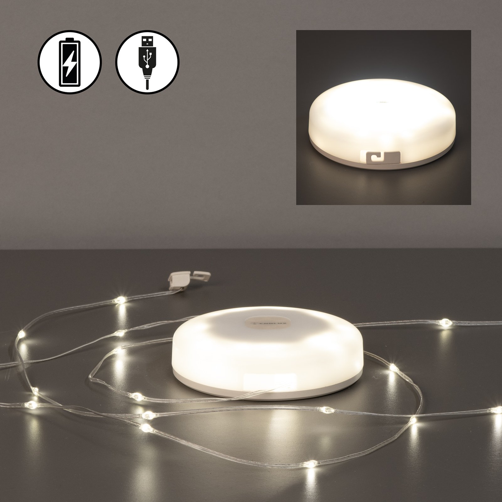 LED fairy lights Benni, white, 10 m, extendable, rechargeable battery