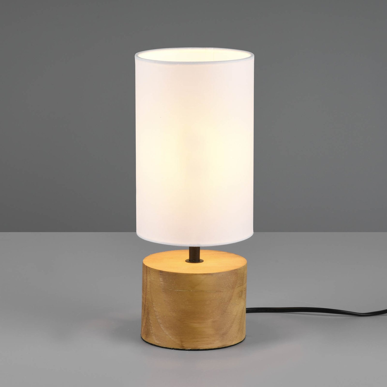 Bordslampa Woody, trä/textil, cylinder, vit