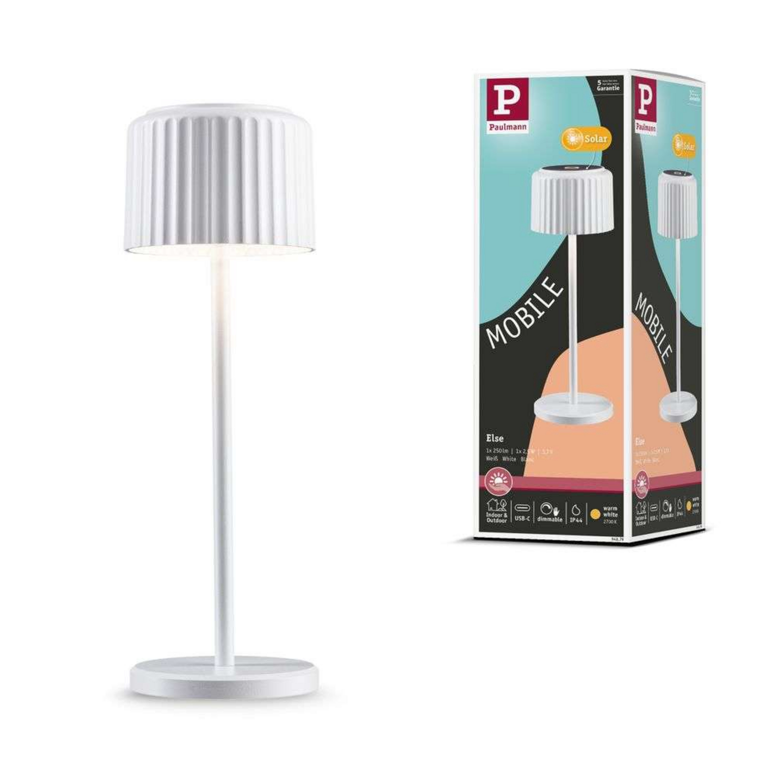 Else Solcelle Bordslampa w/USB-C Dim. IP44 Vit - Paulmann