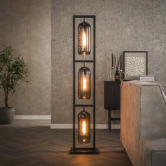 Lámpara de pie Kamilian, 3 luces, gris humo, negro, cristal, metal