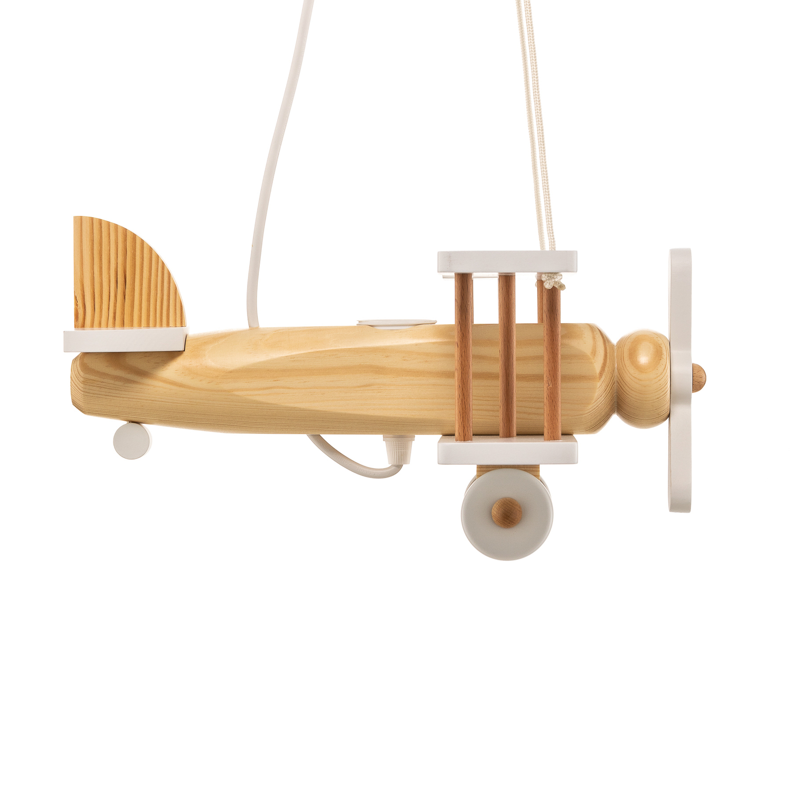 Witte vliegtuig hanglamp met houten elementen