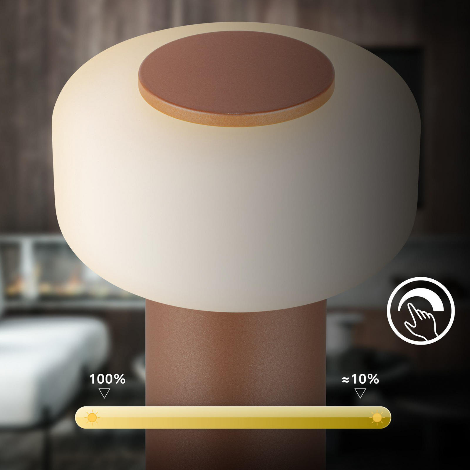 Juna LED rechargeable table lamp, brown, IP44, dimmable, 20 cm