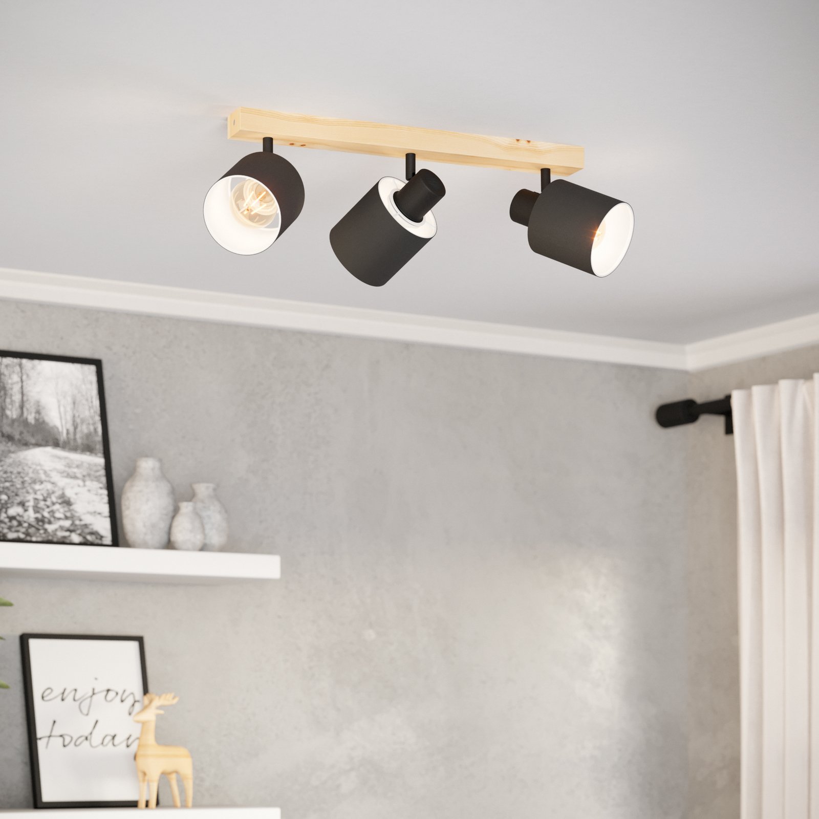 Προβολέας οροφής Batallas, μήκος 48 cm, μαύρο/ξύλο, 3-φωτισμός.
