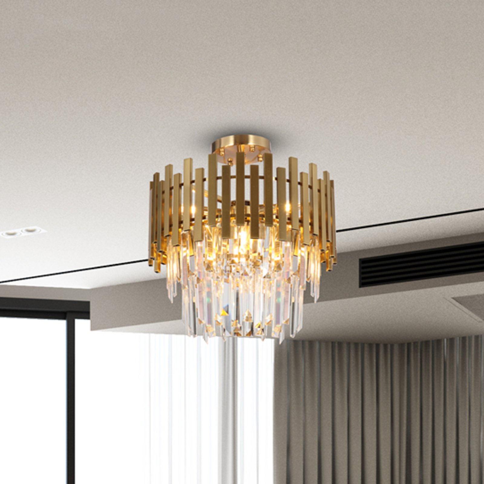 Aspen ceiling lamp, gold-coloured metal, glass crystals, Ø 45 cm