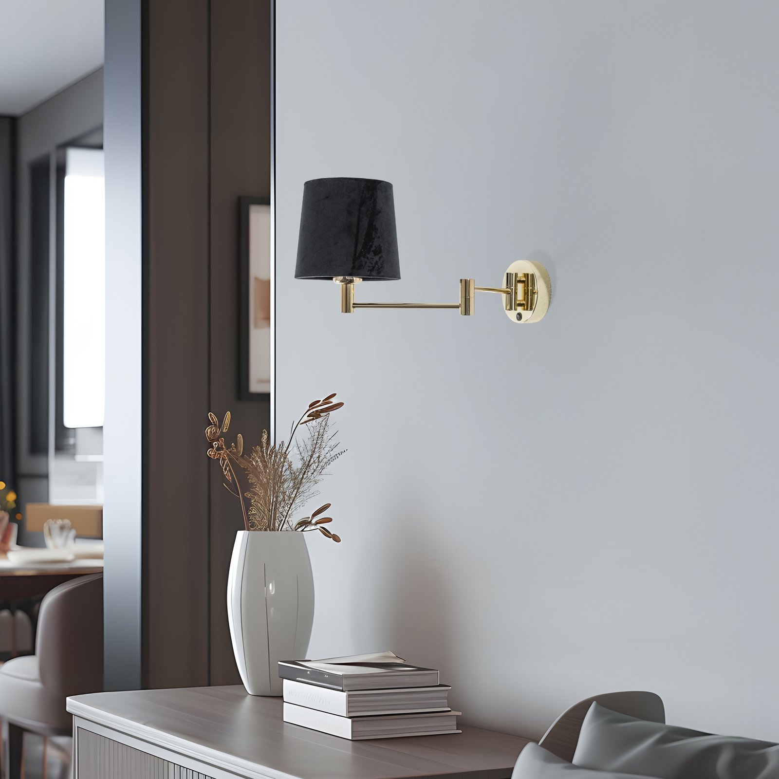 Wandlamp Solo, kegelvormig, velours, zwart/goud