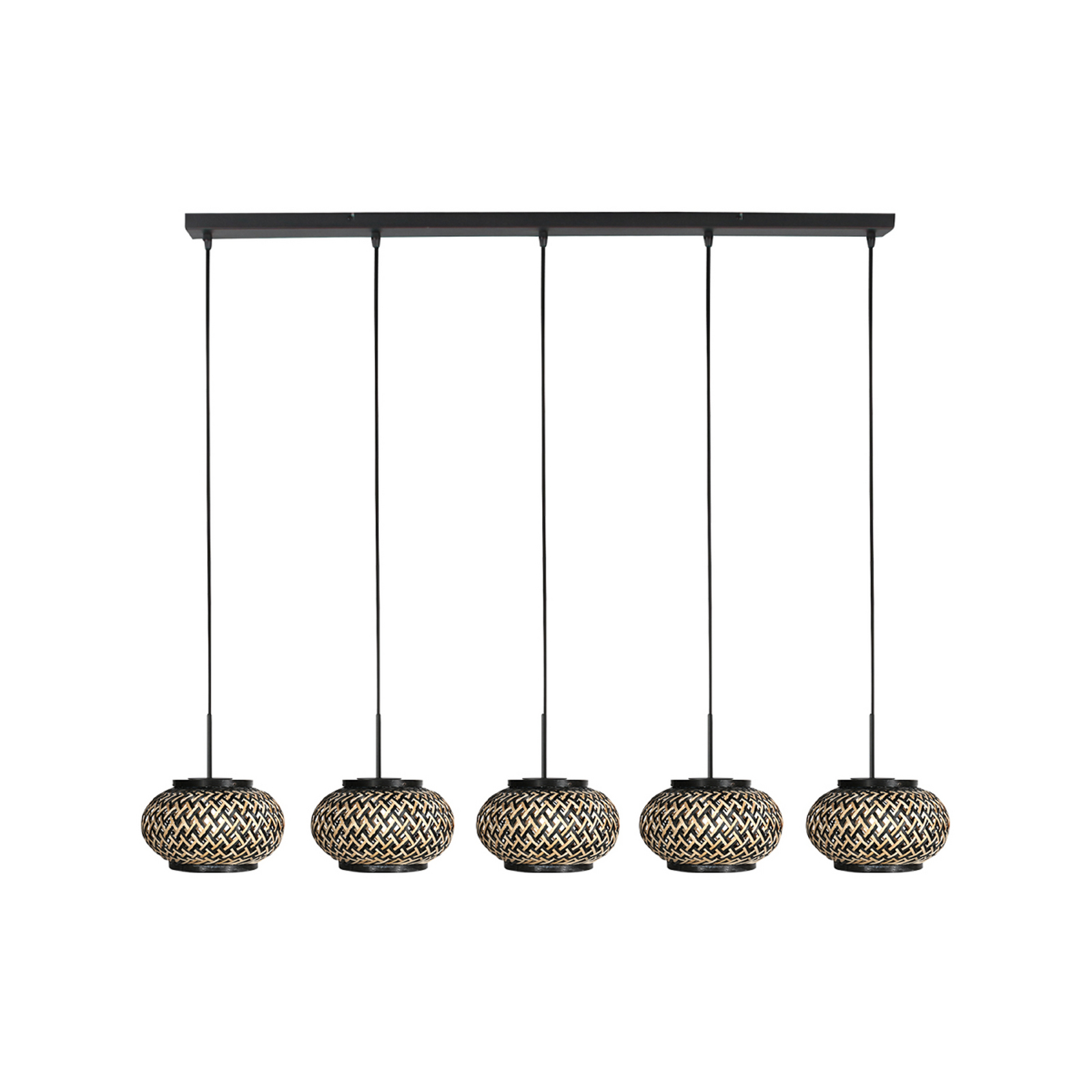 Suspension NoxLight, à 5 lampes, longue, noire, tressage de bambou