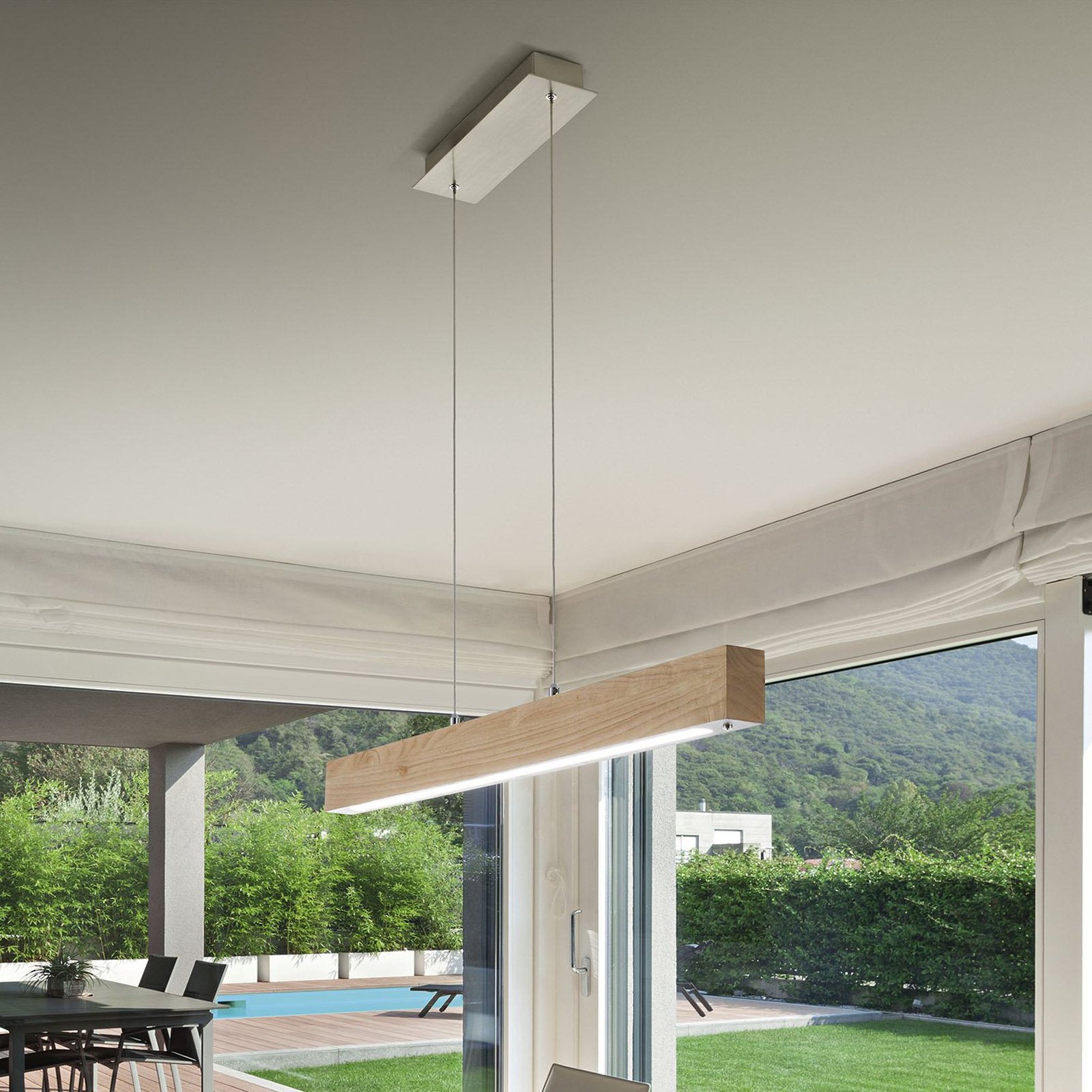 Suspension LED Badia, variateur tactile, bois de chêne, longueur 110 cm