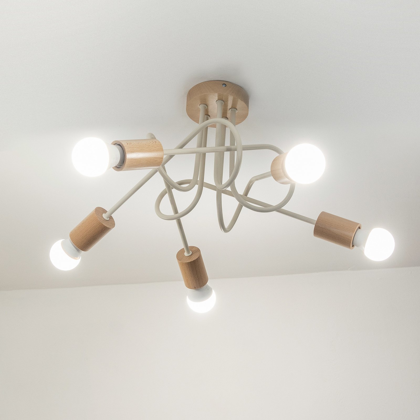 Plafonnier Oxford, beige sable, bois, métal, à 5 lampes, Ø 47 cm