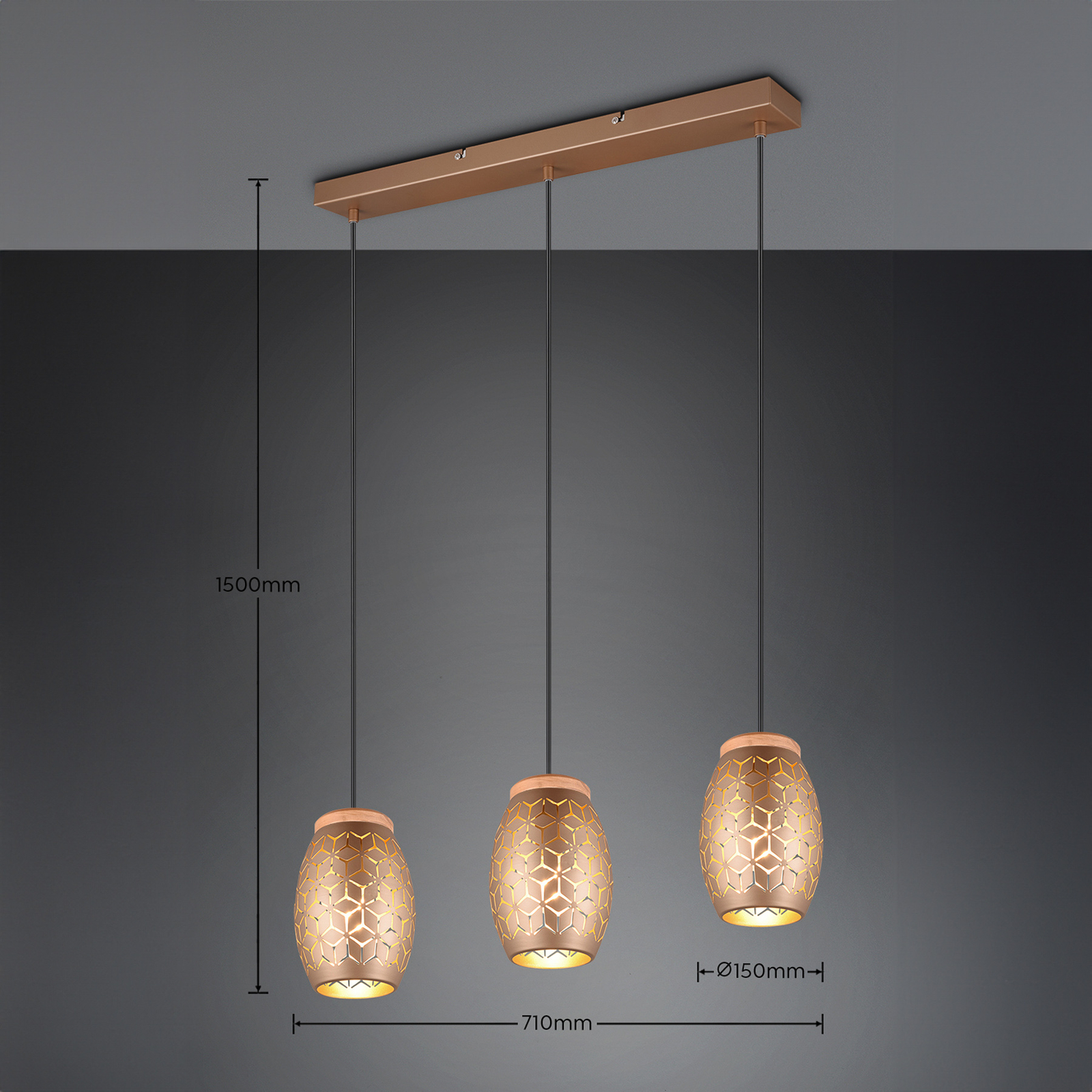 Suspension Bidar, longueur 71 cm, brun café, 3 lampes, métal
