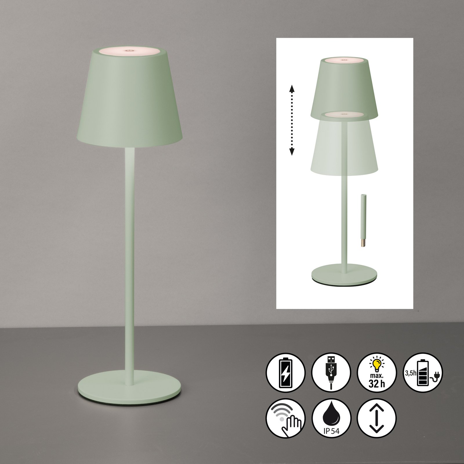 LED-Akku-Tischleuchte Viletto, salbeigrün, IP54