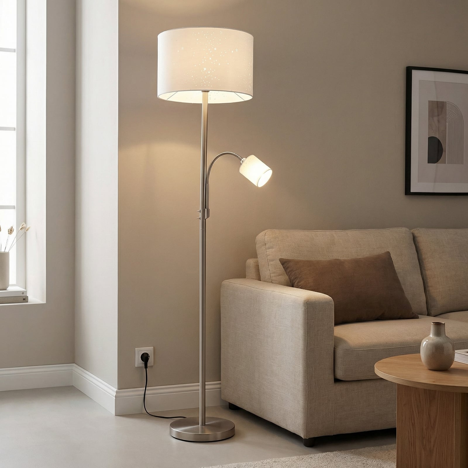 Jaileen vloerlamp, 170 cm, wit, textiel, leeslampje - Lindby