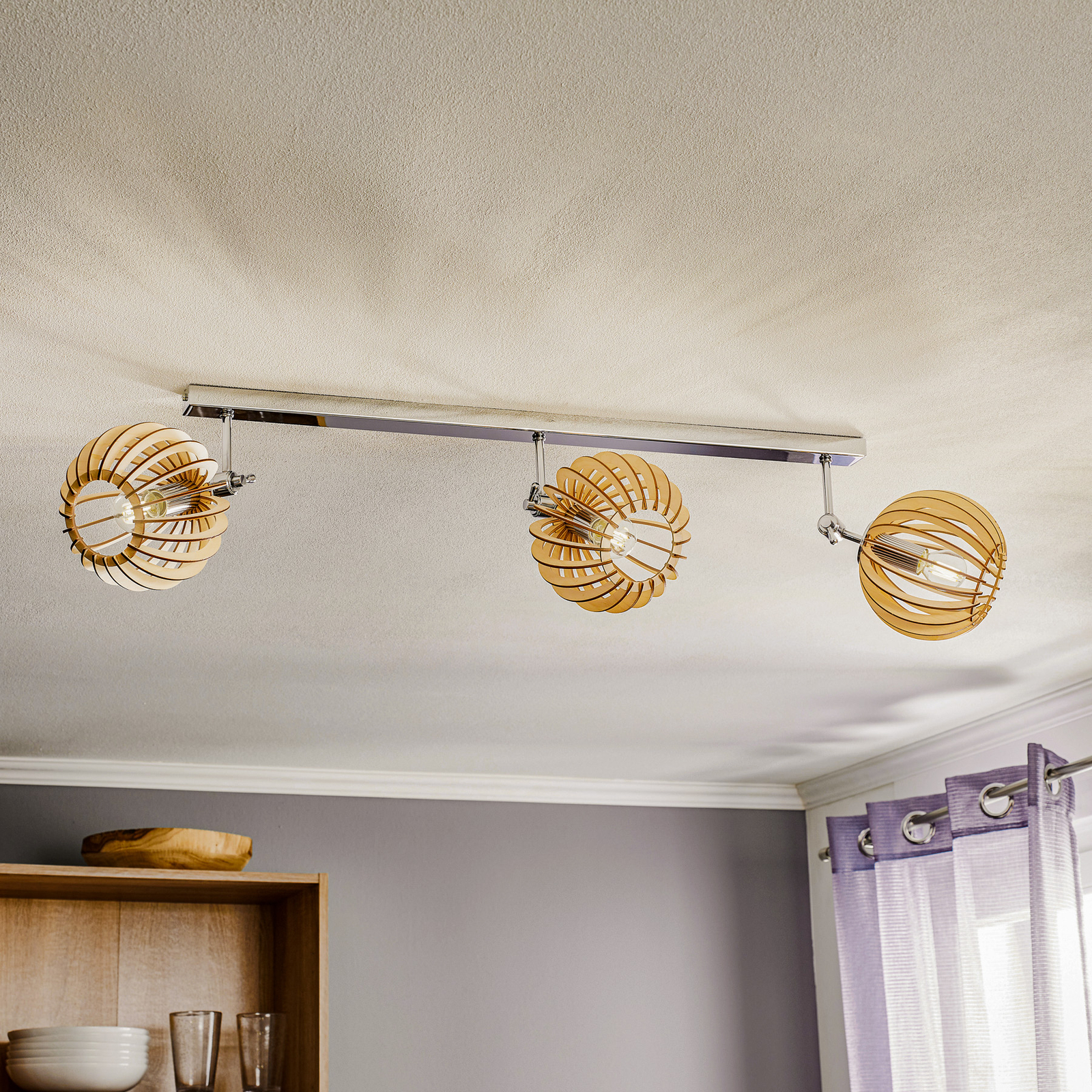 Plafón Paz pantalla bola láminas madera, 3 luces