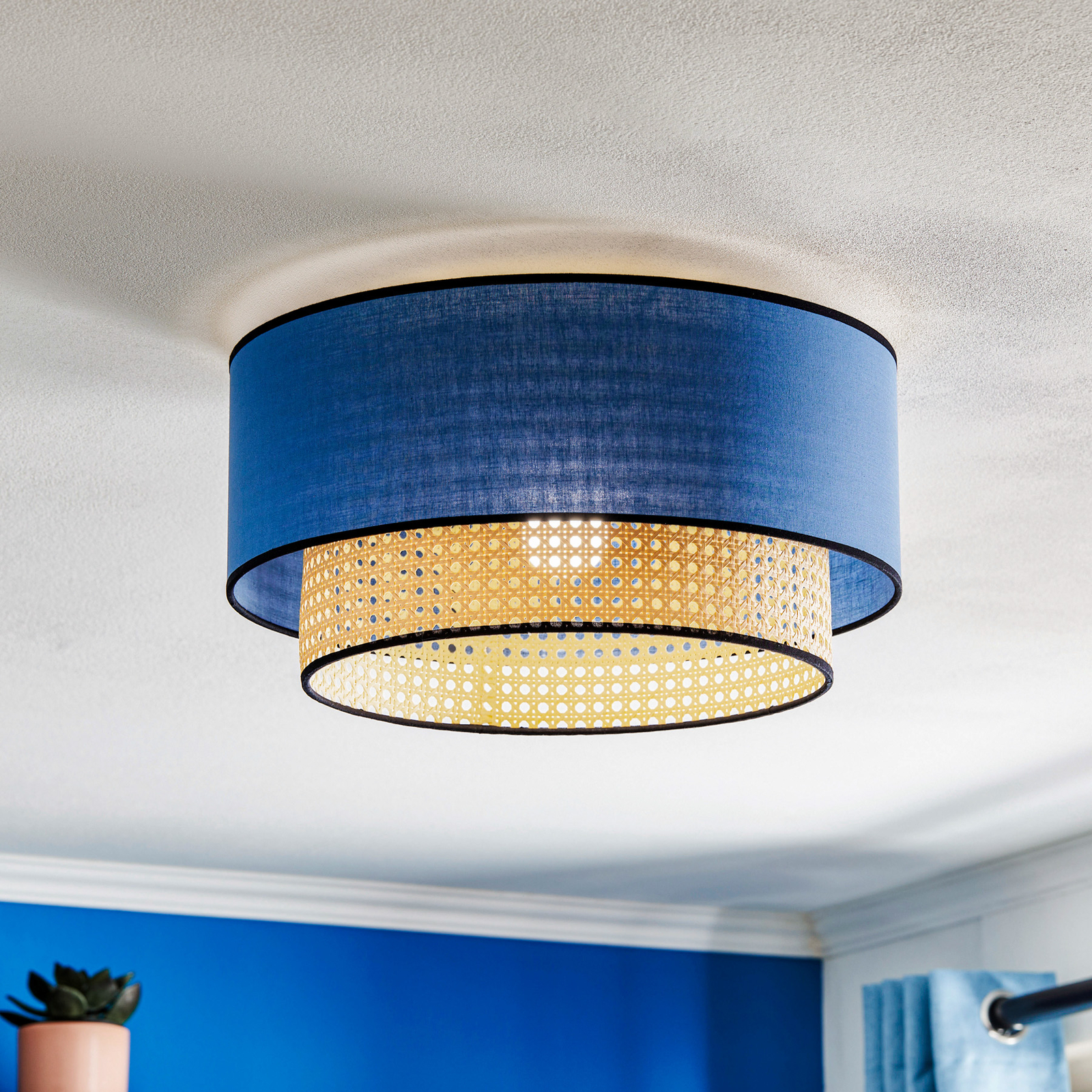 Lampa sufitowa Boho, rattan, tkanina, beżowa/jeans