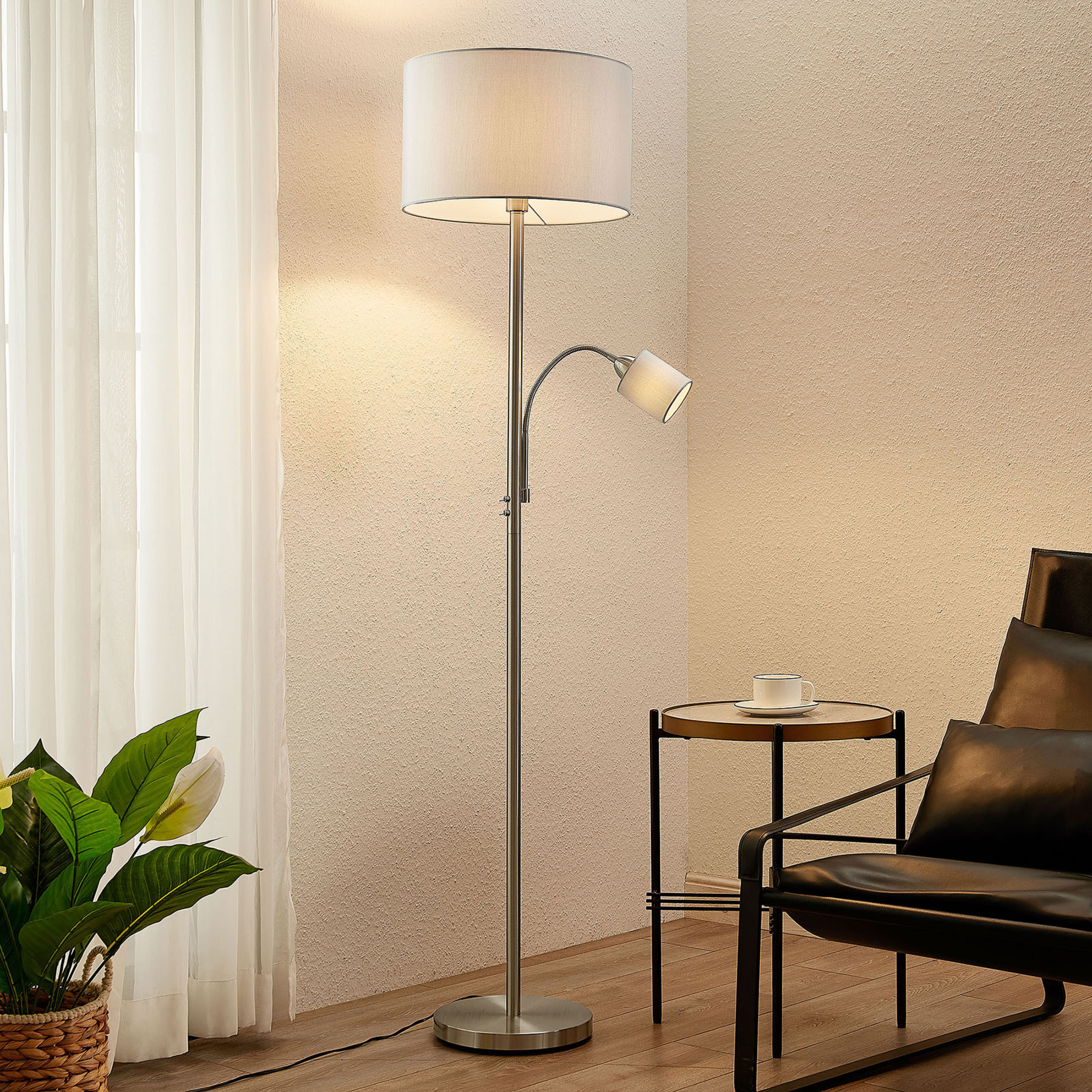 Lindby vloerlamp Colima, grijs, stof, leeslamp, 170cm