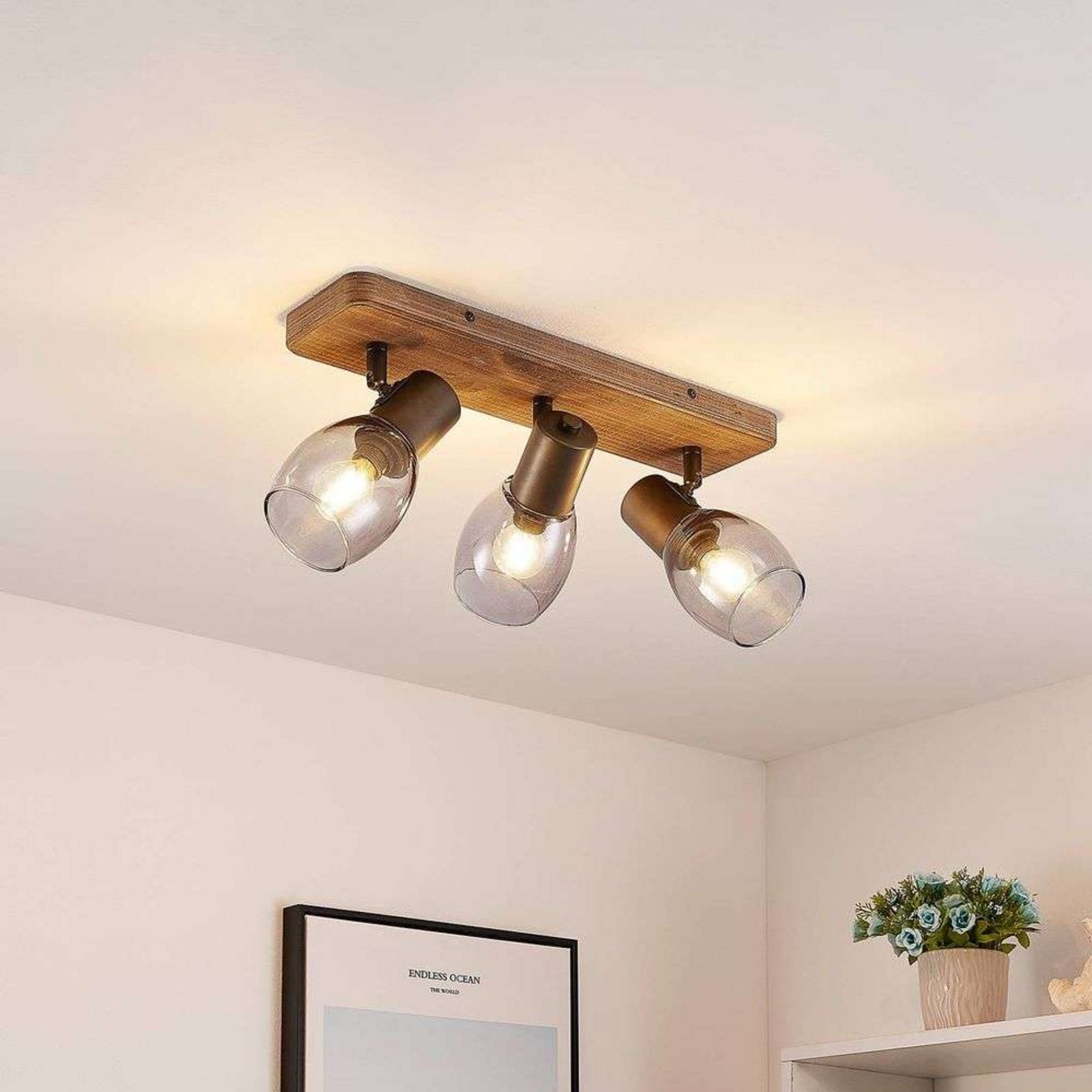 Ineska 3 Square Taklampe Smoke/Wood - Lindby