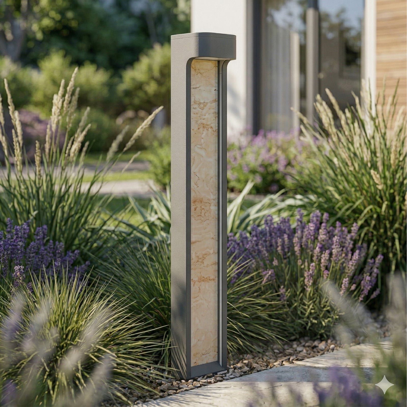 Lucande LED-Wegelampe Meta, Metall, Travertine Inlay, 100cm