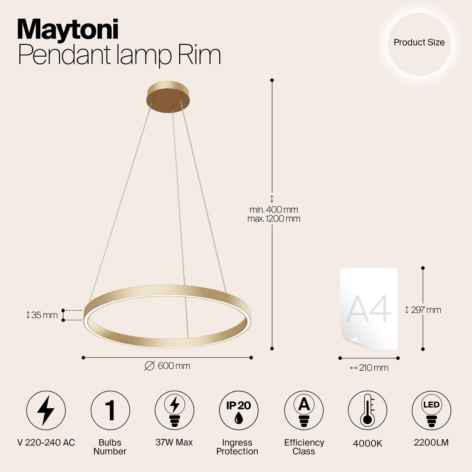 Maytoni LED-Hängeleuchte Rim 1-flg messingfarben Ø60cm 4000K günstig online kaufen