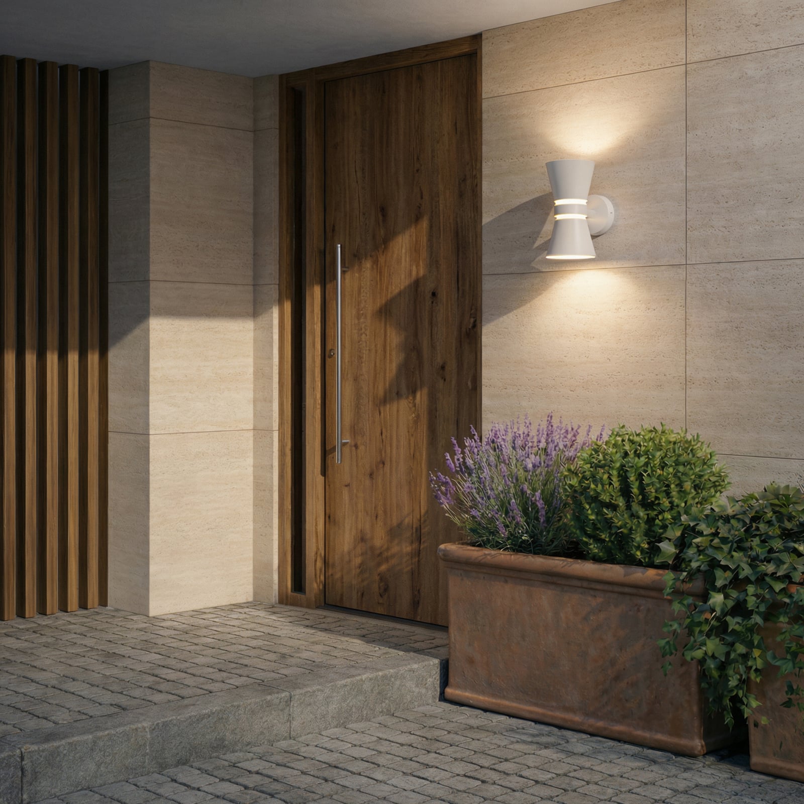 Meravi LED-Außenwandleuchte, zweiflammig, IP44, weiß, Aluminium - Lucande