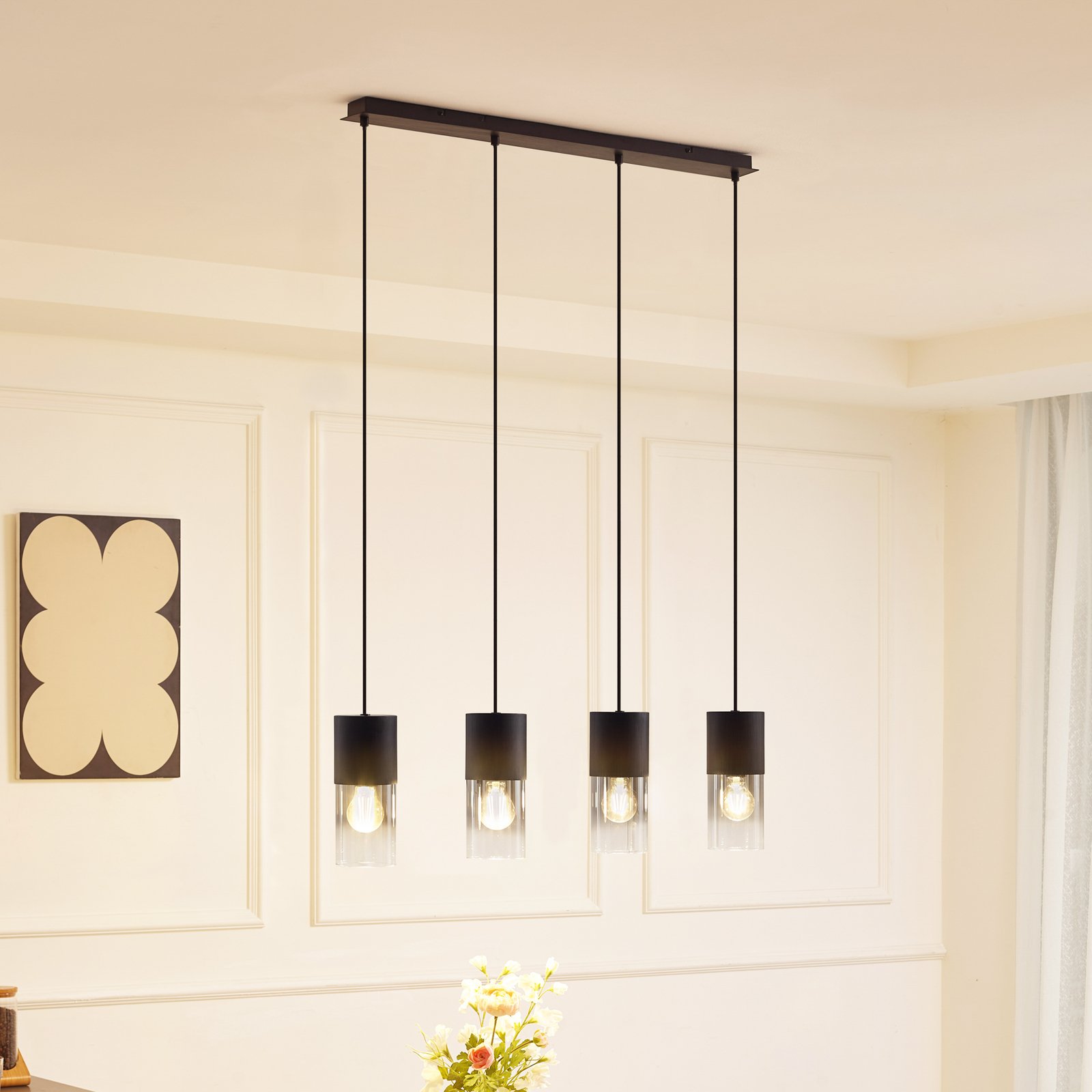 Lindby candeeiro suspenso Svante, 4 lâmpadas, preto, vidro, 85 cm