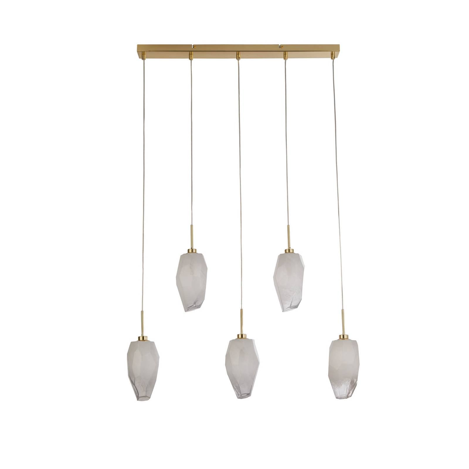 Pendelleuchte Rocky, 5-fl., lang, messingfarben, Stahl, Glas