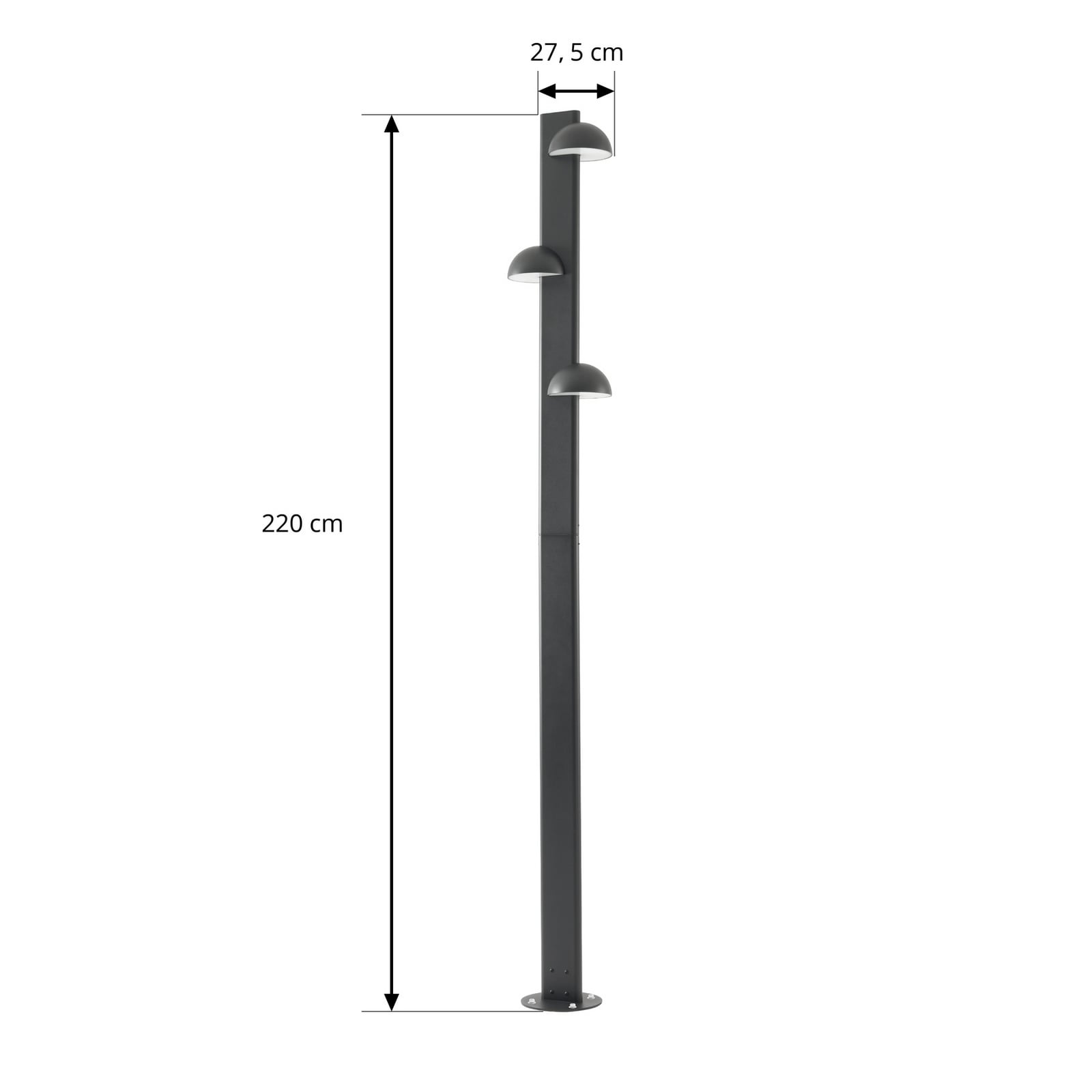 Velira LED buitenlamp, 3-lamps, 220 cm, IP44, zwart, metaal - Lucande