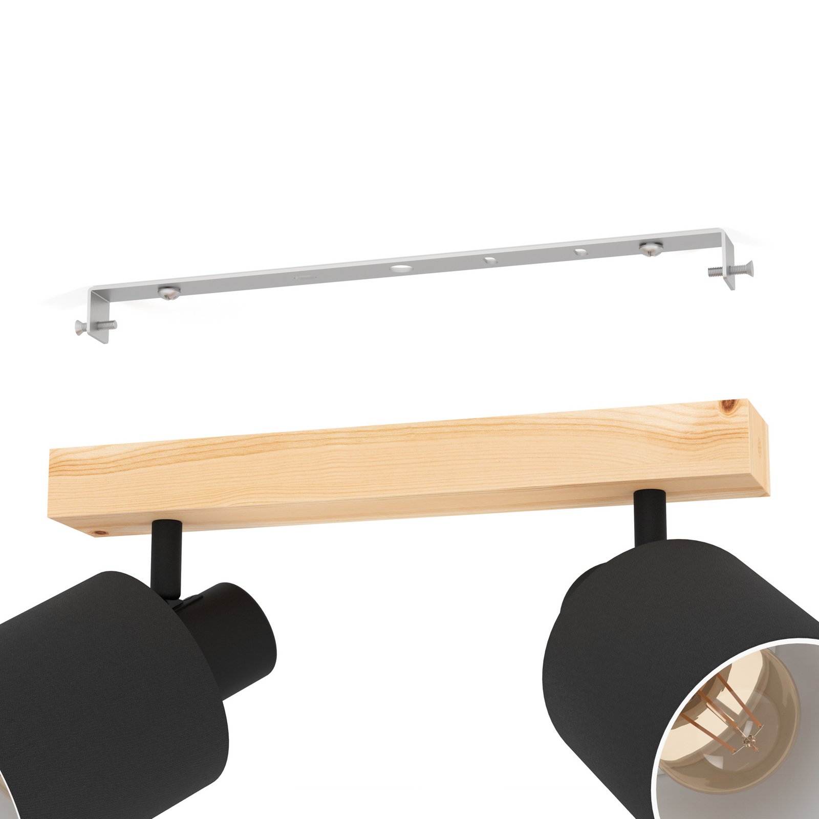 Spot pour plafond Batallas, longueur 30 cm, noir/bois, à 2 lampes.