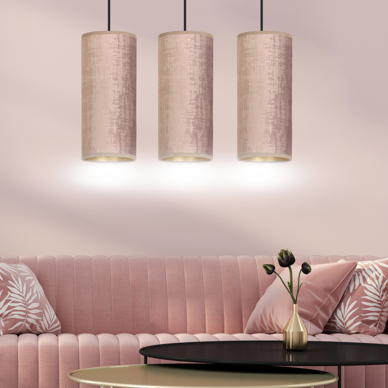 Hanglamp Joni, textiel, 3-lamps lang, rosé-goud