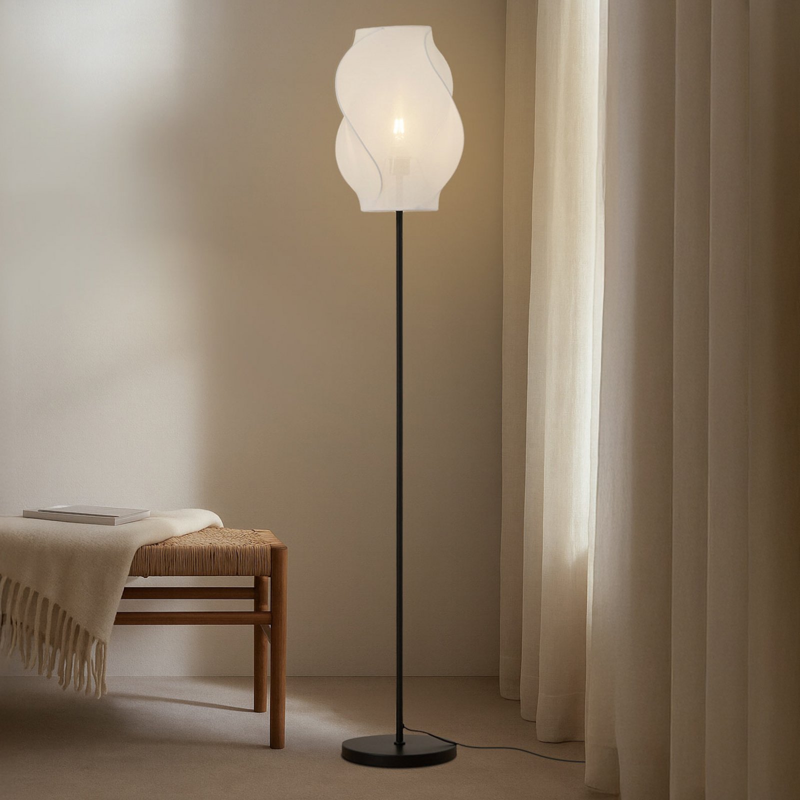 Lucande Lámpara de pie Tovina, textil, blanco, altura 165 cm