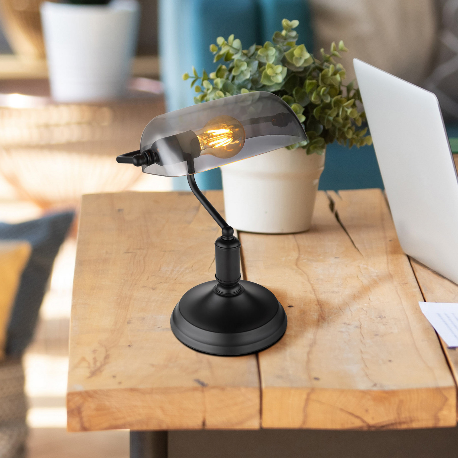 Globo Lampa de masă Antique culoare fum/negru mat înălțime 37 cm - dormitor - Design industrial - Negru mat culoarea fumului - Metal