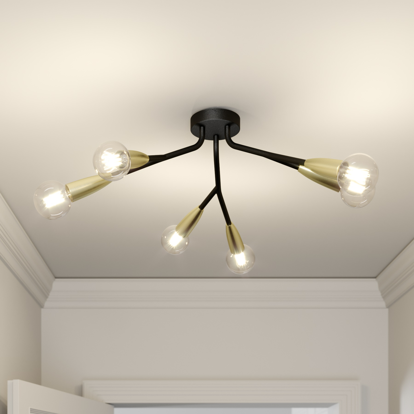 Lucande Carlea plafondlamp, 6-lamps zwart messing