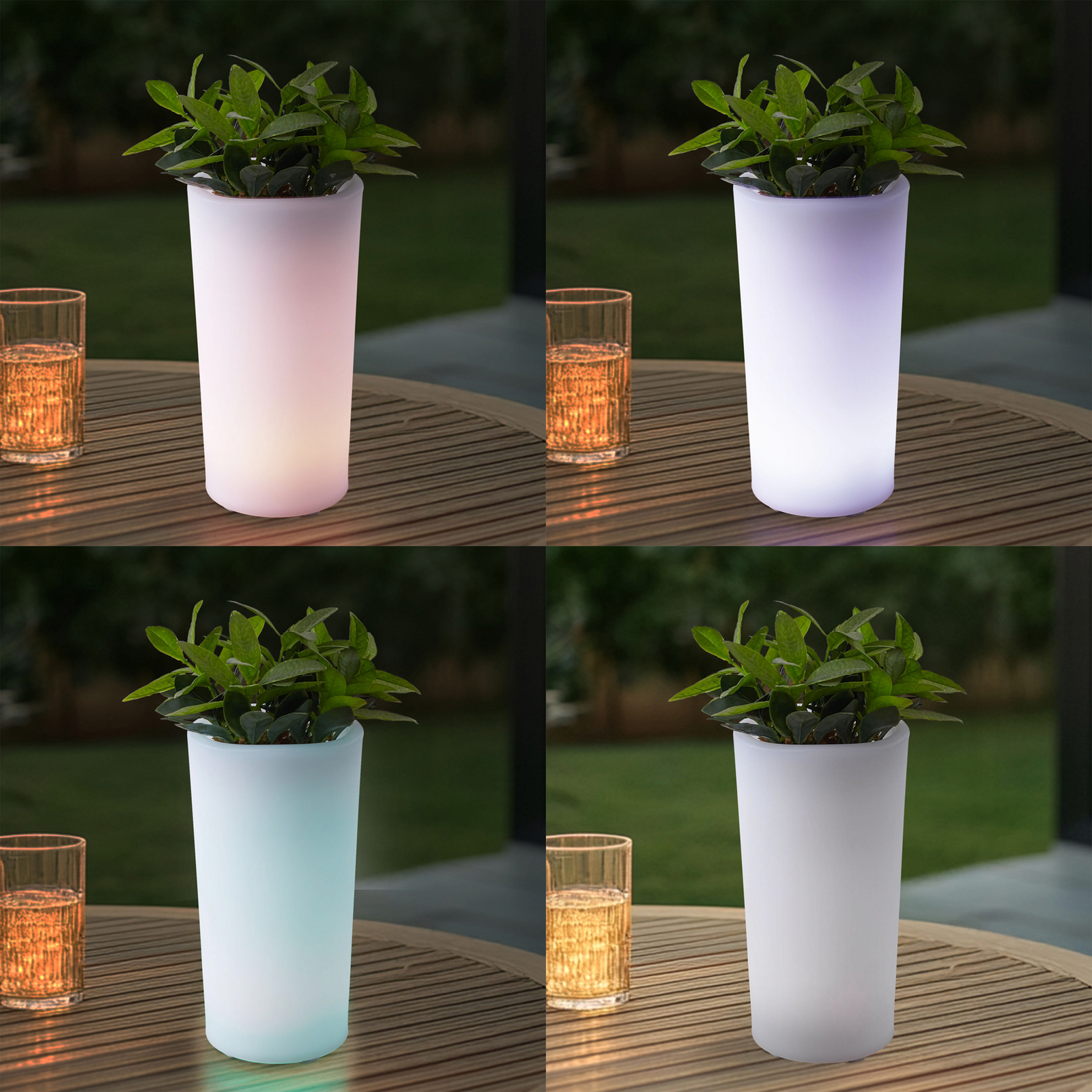 Lindby Vase à fleurs LED rechargeable Florista, RVB, IP54, Ø 12cm, blanc
