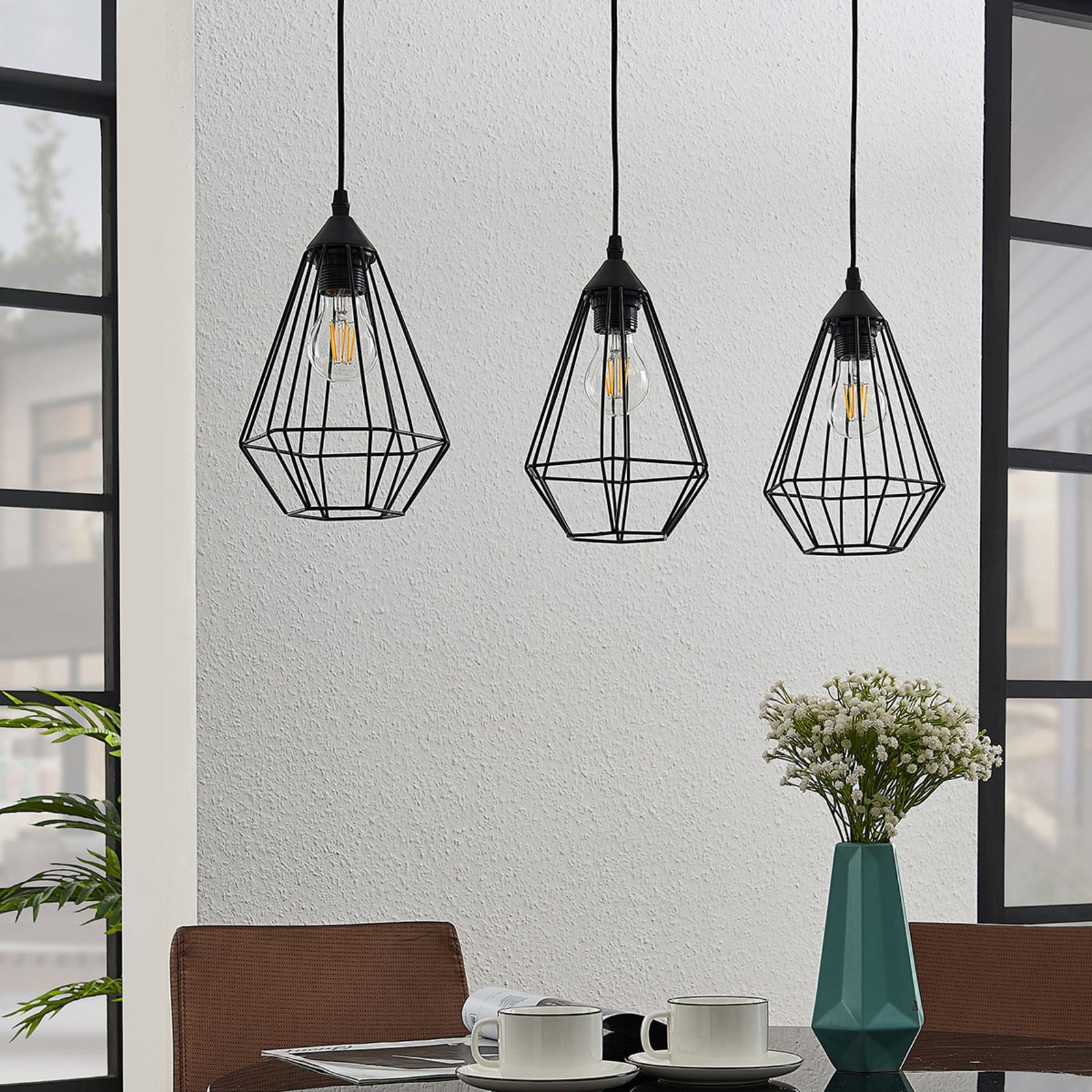 Lindby Elda pendant light with cages, linear, black, for Kitchen, steel, E27, 60 W, energy efficiency: A++, L: 73 cm, W: 18 cm, H: 22 cm