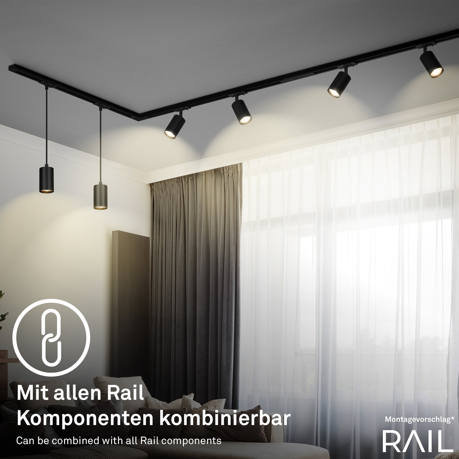 RAIL 230 V track lighting system, black, 4 spots, 2 pendants, 2.25m