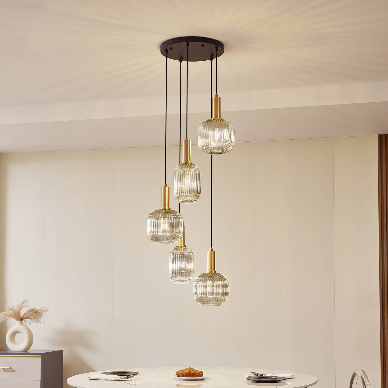Lampa wisząca Lindby Doroteo, 5-punktowa, szary, szkło